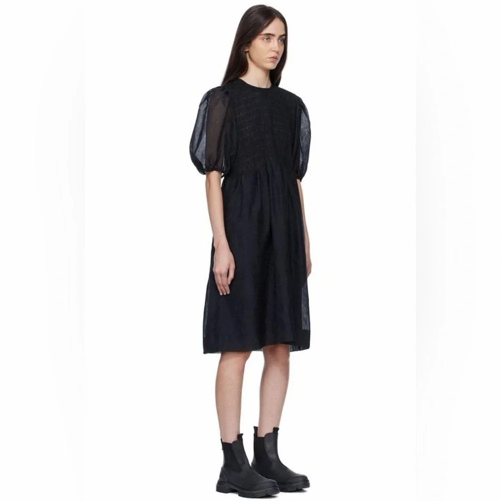 Ganni Black‎ Crinkled Georgette Smocked Midi Dress Size Large EU 40 Puff Sleeve